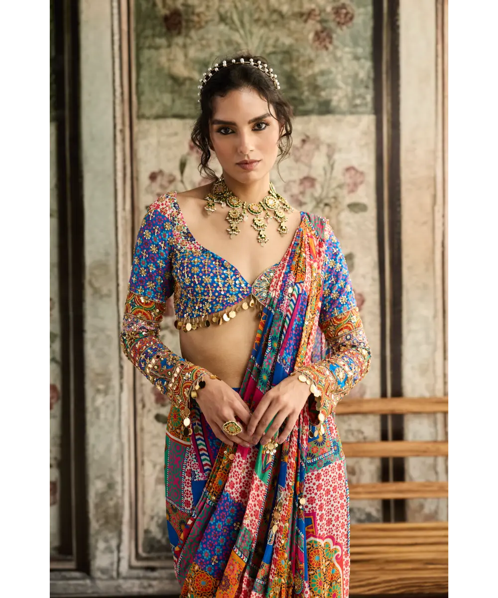 DIYARAJVVIR - MULTI-COLOR  PRINT AND HIGHLIGHTED PLUNGE NECKLINE BLOUSE WITH SHARARA SAREE SET